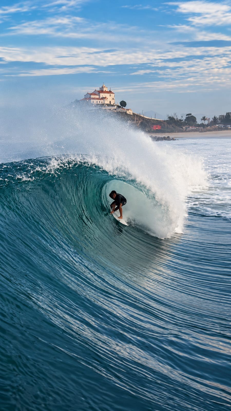 Surfista dropando onda tubular cristalina em Saquarema com a Igreja ao fundo